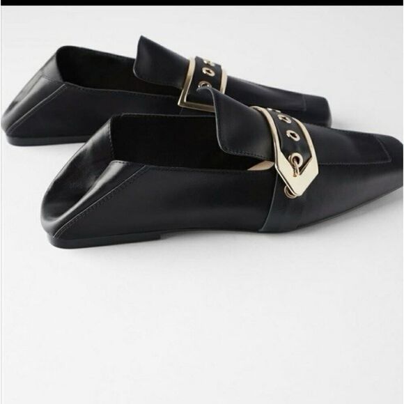 Zara Black Leather Loafers Gold Metal Buckle Square Toe Shoes Size 7.5 US - Picture 3 of 11